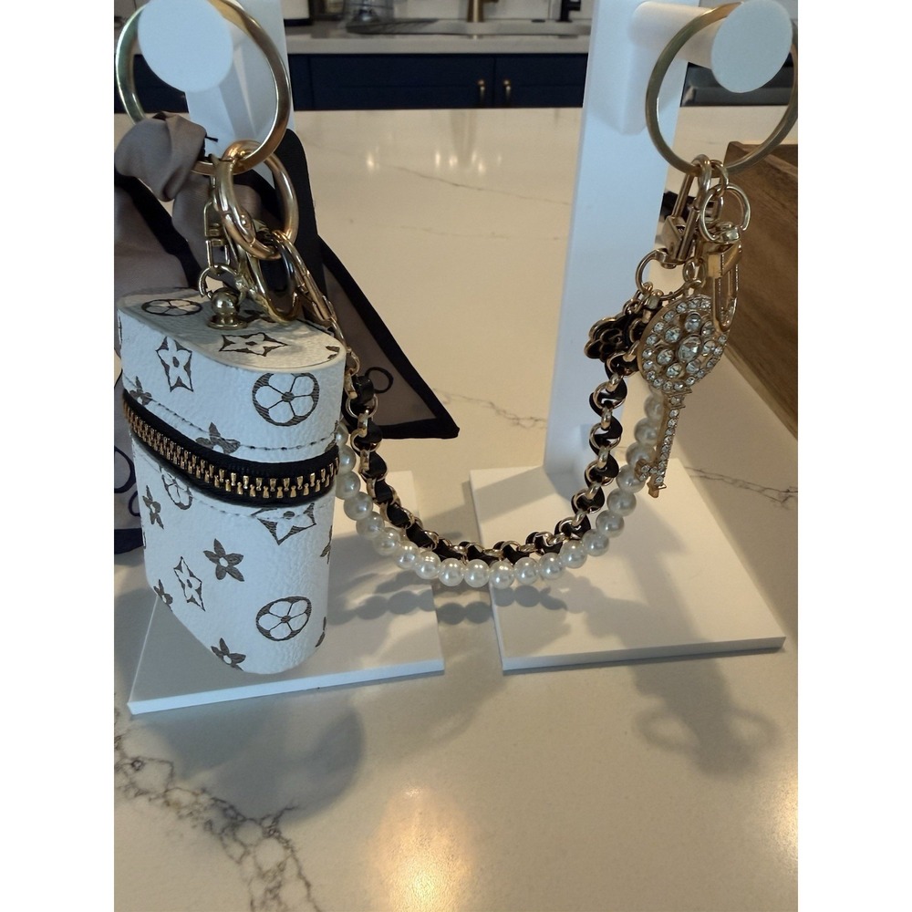 Fashion Bag Charm - White Monogram, Gold Tone Chain, Key, Rhinestone, Detachable